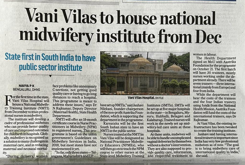 The Deccan Herald mentions Dr. Janhavi Nilekani in an article on the setting up of a National Midwifery Training Institute (NMTI) at Vani Vilas Hospital.